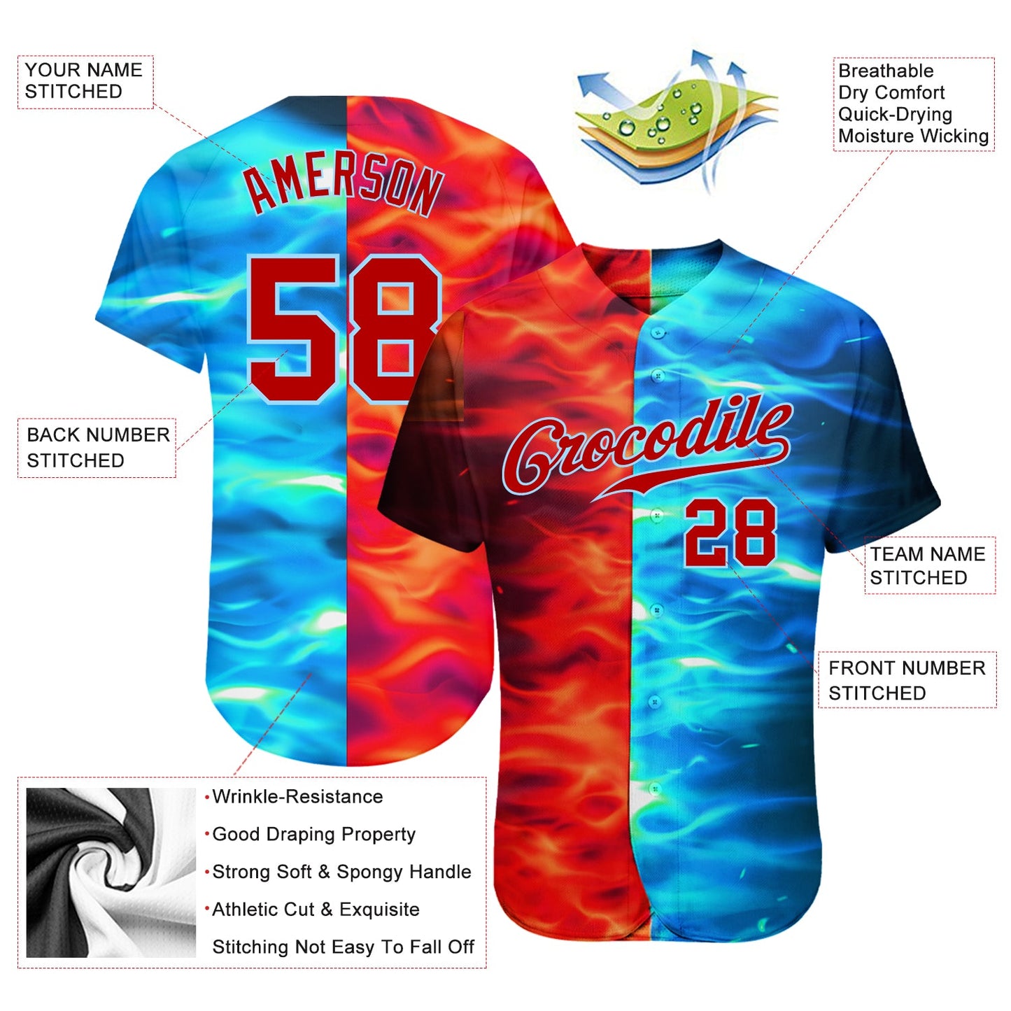 Custom 3D Pattern Design Flame Burning Red Hot Sparks BBQ Season Authentic Baseball Jersey
