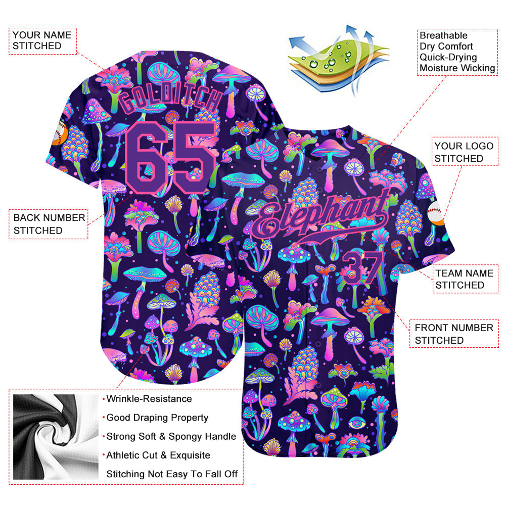 Custom 3D Pattern Design Colorful Flowers And Mushrooms Psychedelic Hallucination Authentic Baseball Jersey