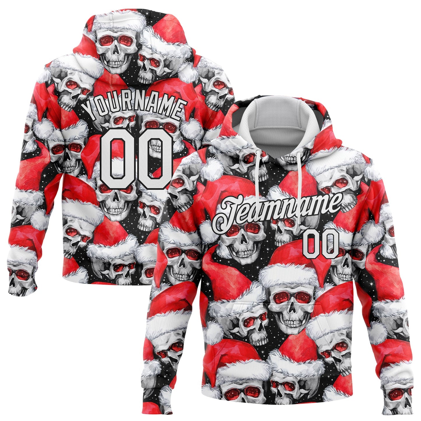 Custom Stitched Red White-Black 3D Skulls And Christmas Santa's Hat Sports Pullover Sweatshirt Hoodie