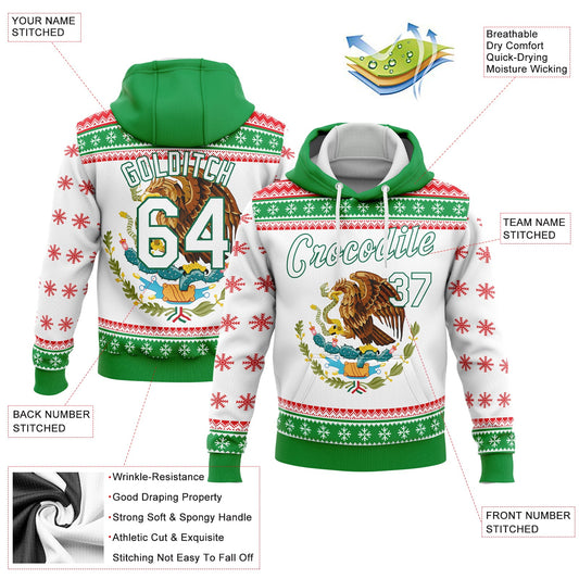 Custom Stitched Kelly Green White-Red 3D Mexican Flag Sports Pullover Sweatshirt Hoodie
