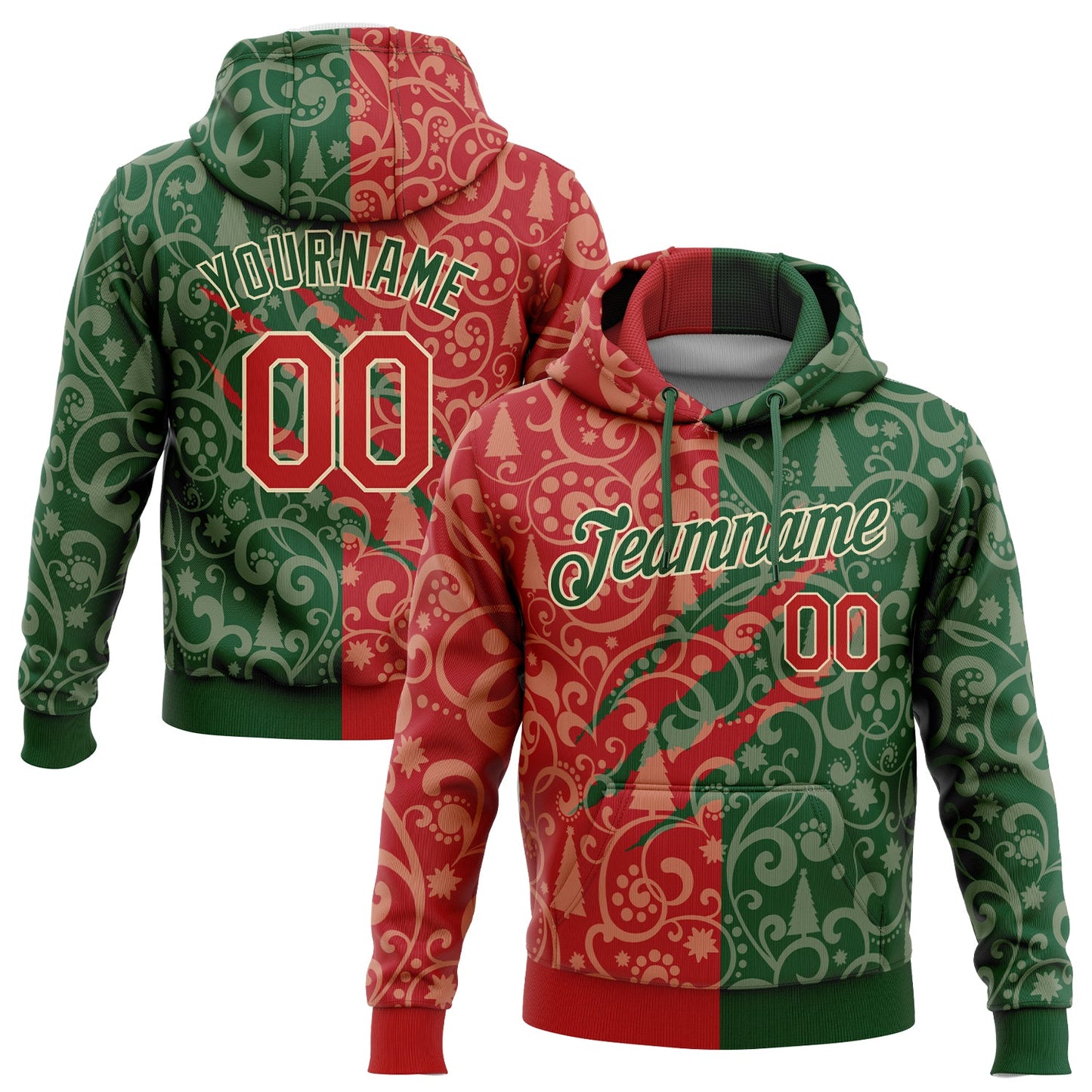 Custom Stitched Green Red-Cream 3D Christmas Sports Pullover Sweatshirt Hoodie