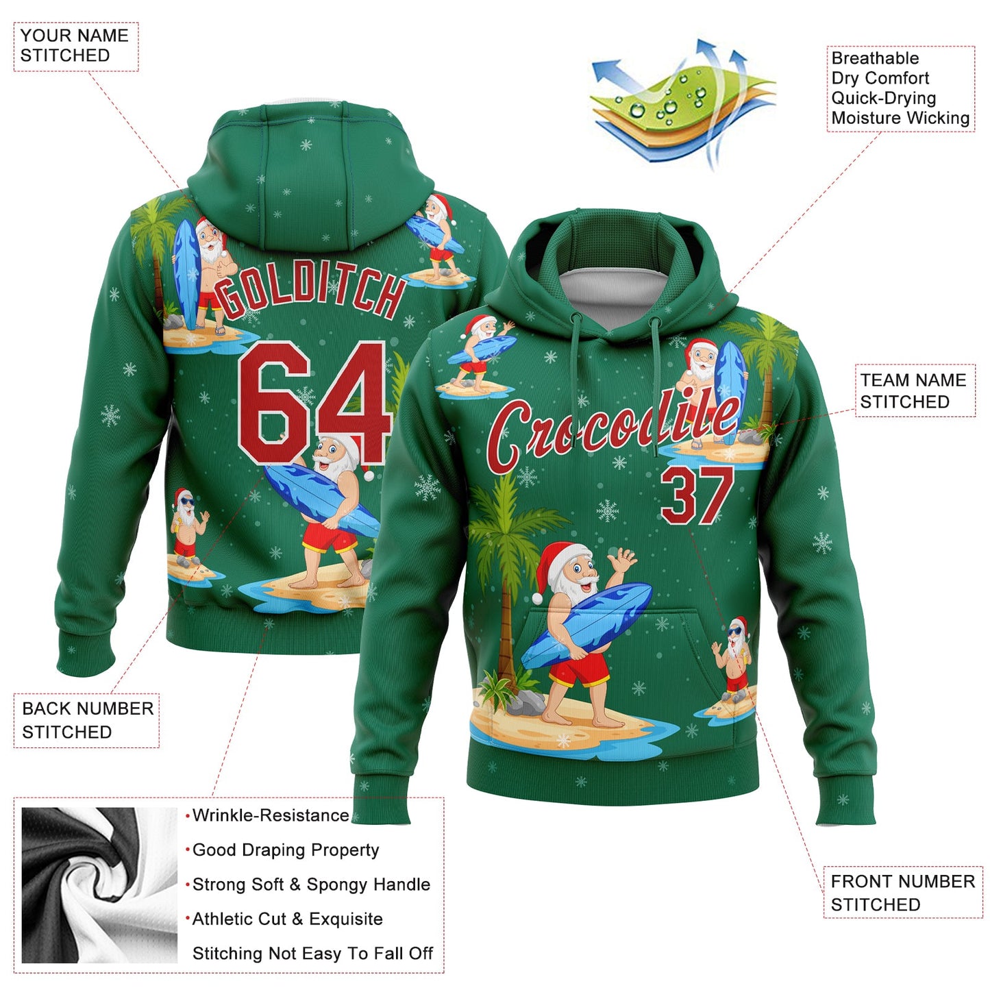 Custom Stitched Kelly Green Red-White 3D Tropical Christmas Surfing Santas Sports Pullover Sweatshirt Hoodie