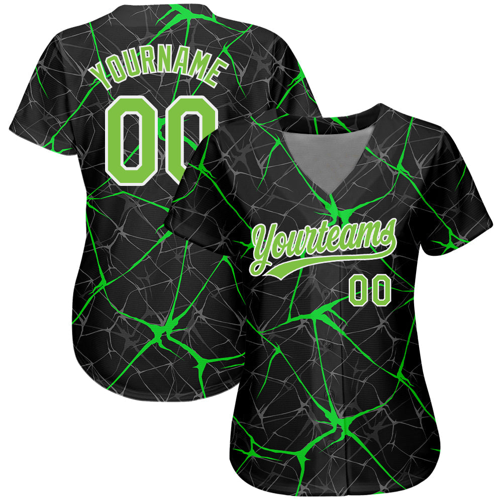 Custom Black Neon Green-White 3D Pattern Design Authentic Baseball Jersey