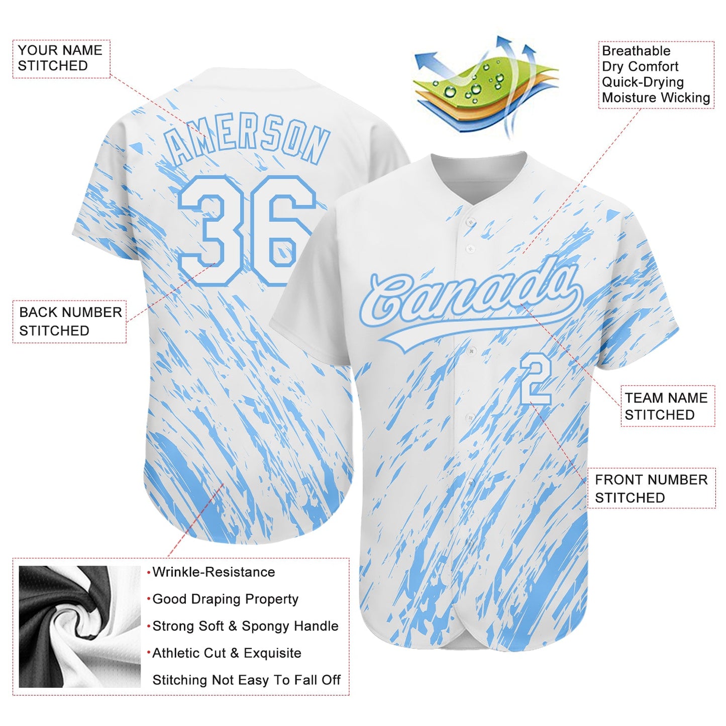 Custom White Light Blue 3D Pattern Design Authentic Baseball Jersey