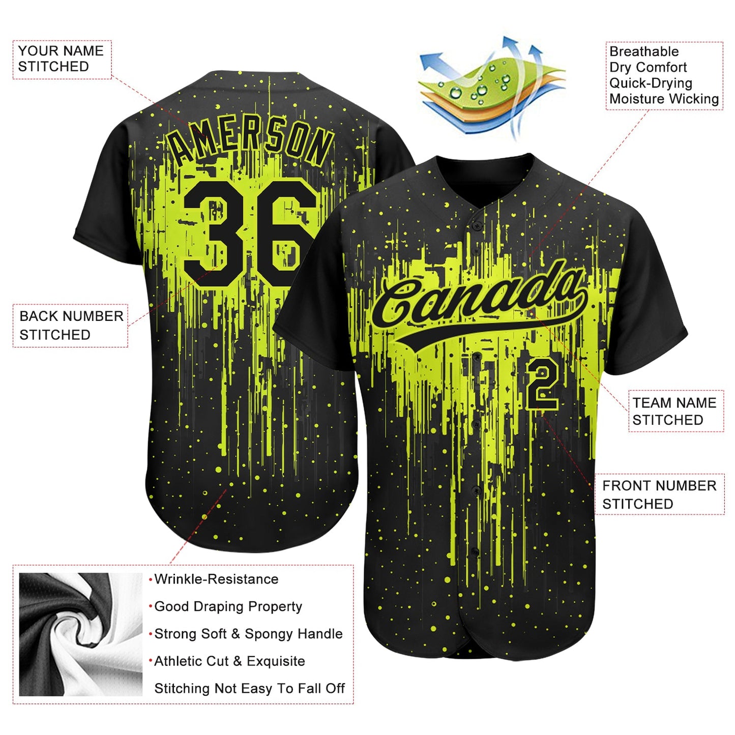 Custom Neon Green Black 3D Pattern Design Authentic Baseball Jersey