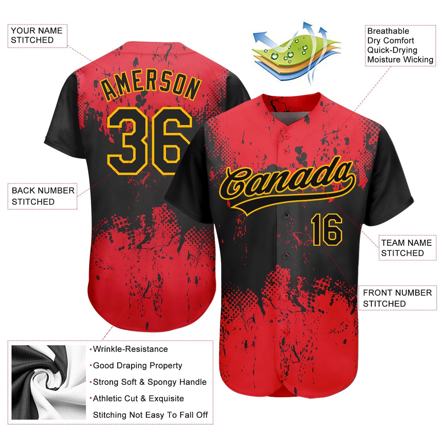 Custom Red Black-Gold 3D Pattern Design Authentic Baseball Jersey