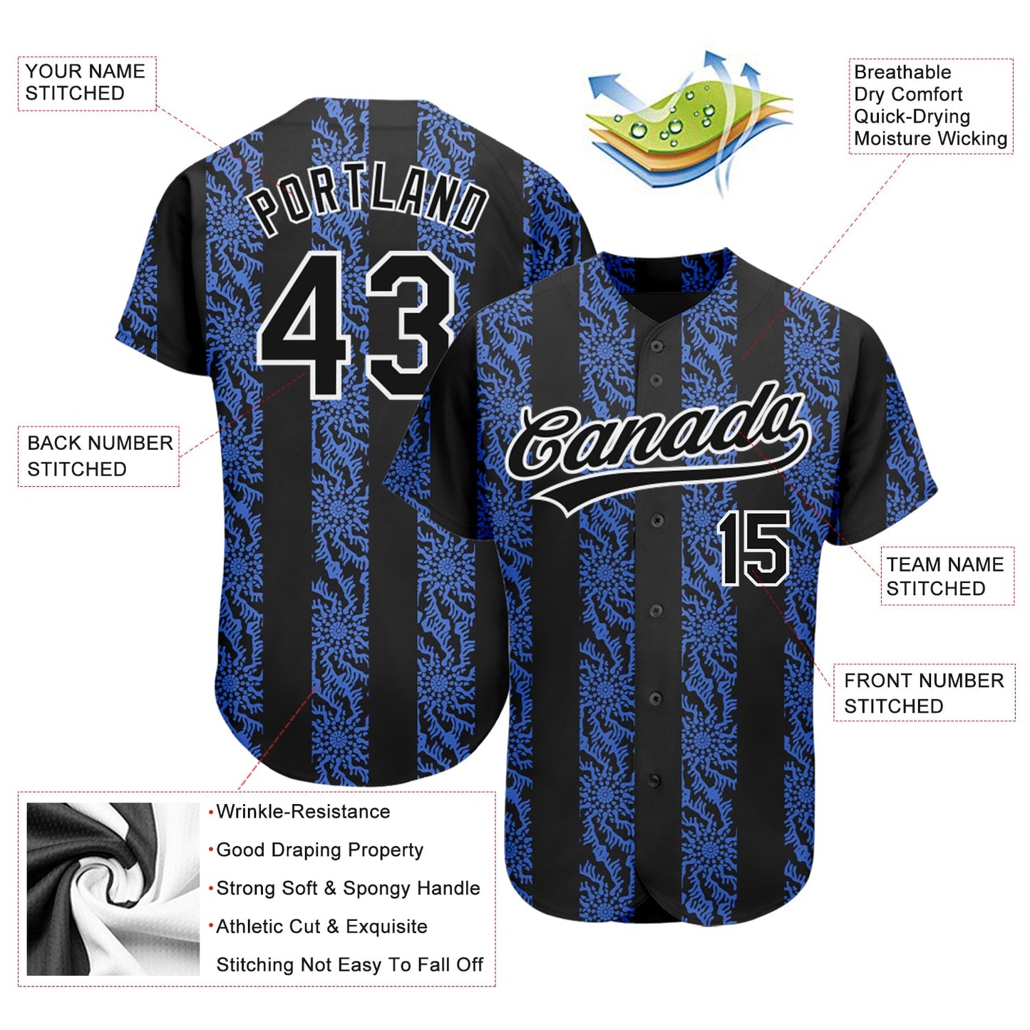 Custom Royal Black-White 3D Pattern Design Authentic Baseball Jersey