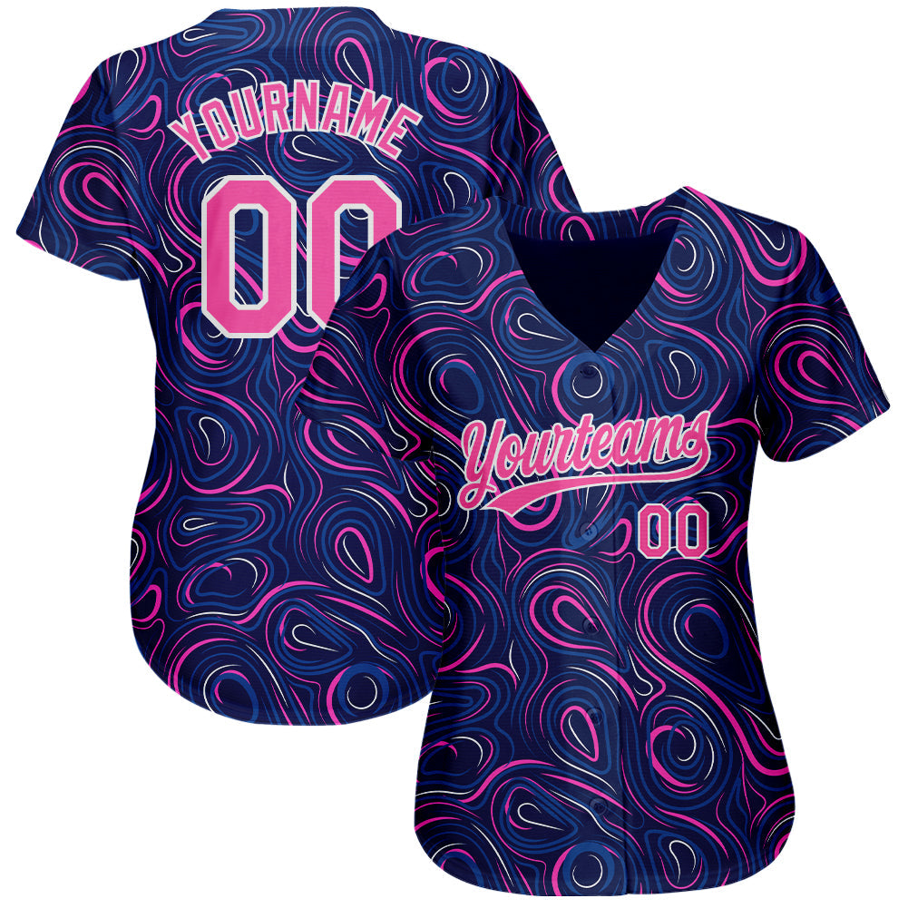 Custom Navy Pink-White 3D Pattern Design Authentic Baseball Jersey