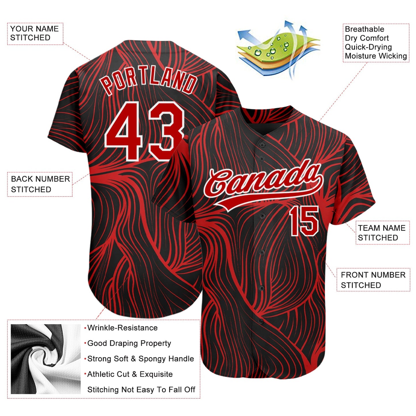 Custom Black Red-White 3D Pattern Design Authentic Baseball Jersey