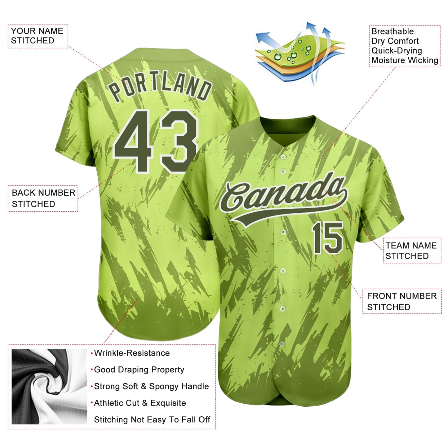 Custom Neon Green Olive-White 3D Pattern Design Authentic Baseball Jersey