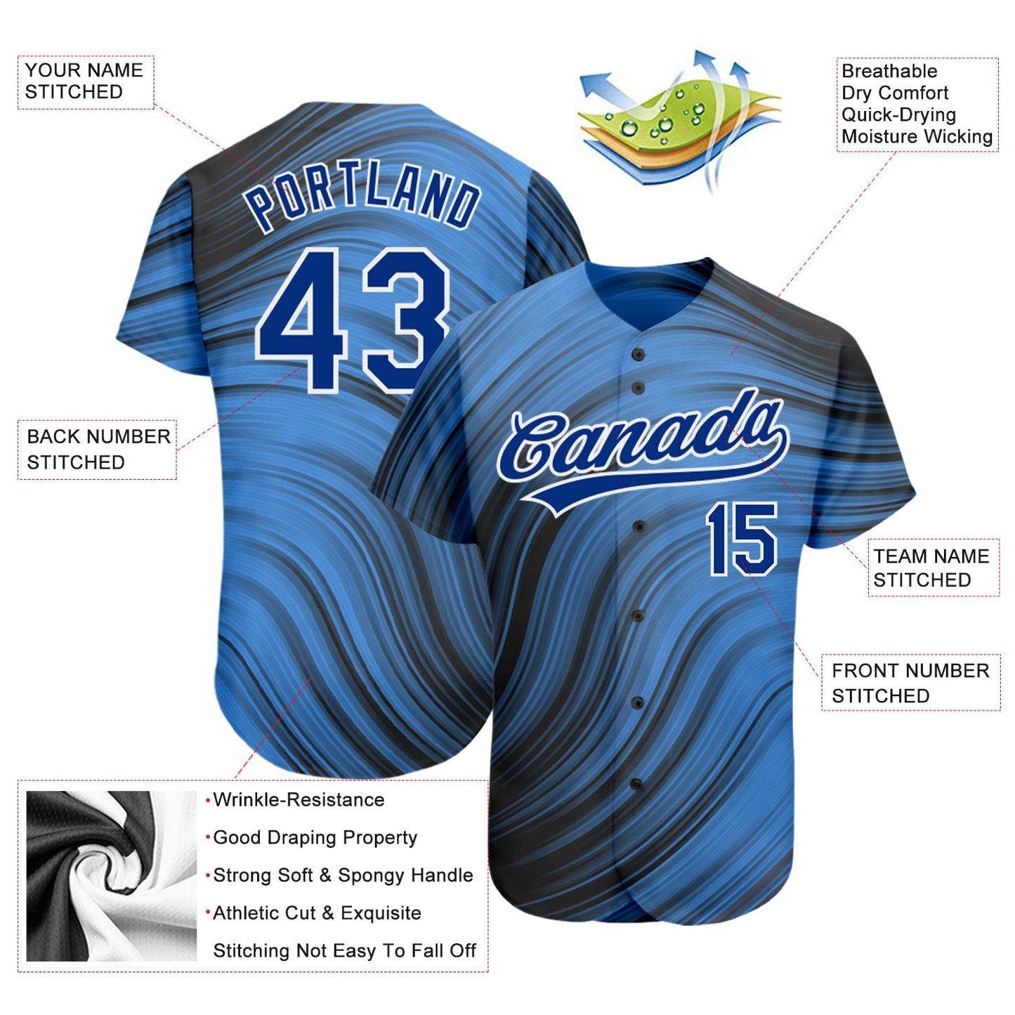 Custom Light Blue Royal-Black 3D Pattern Design Authentic Baseball Jersey