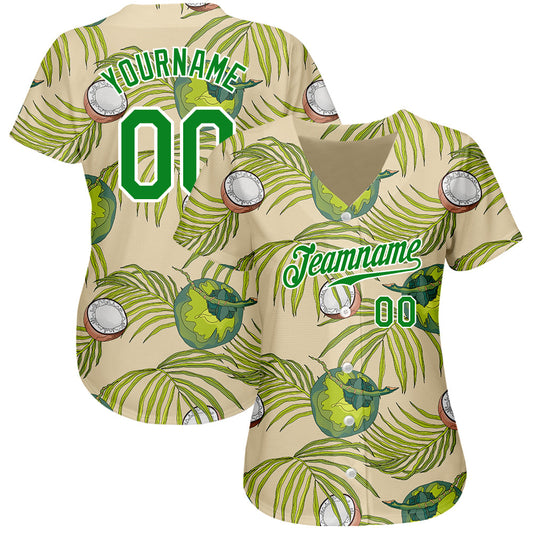 Custom Cream Grass Green-White 3D Pattern Design Coconuts And Leaves Authentic Baseball Jersey