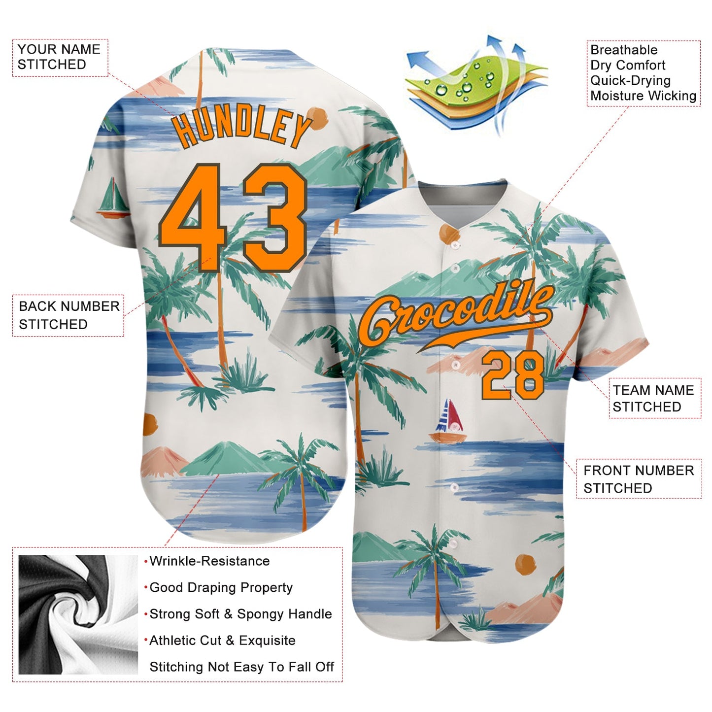 Custom White Blaze Orange-Olive 3D Pattern Design Beach Coconut Palms Island And Sailboat Authentic Baseball Jersey