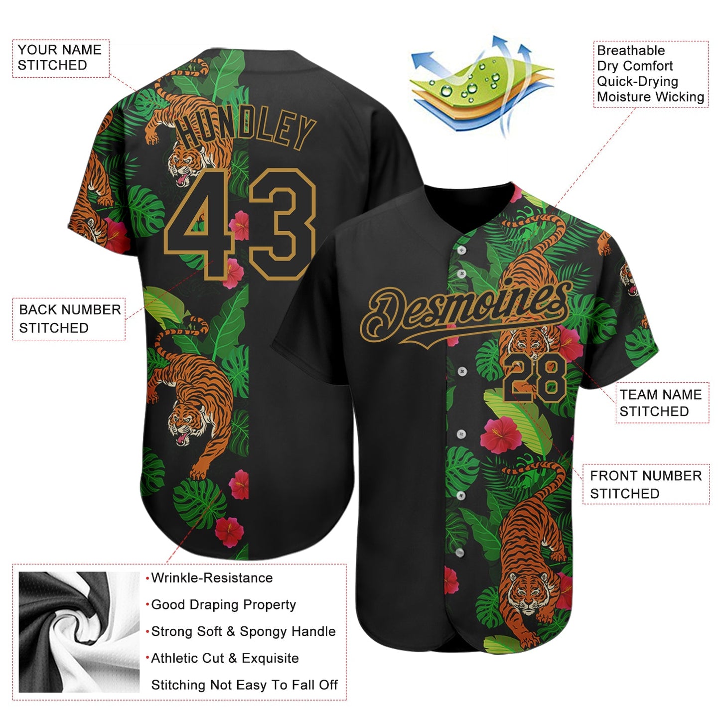 Custom Black Old Gold 3D Pattern Design Hawaii Tropical Tiger Authentic Baseball Jersey