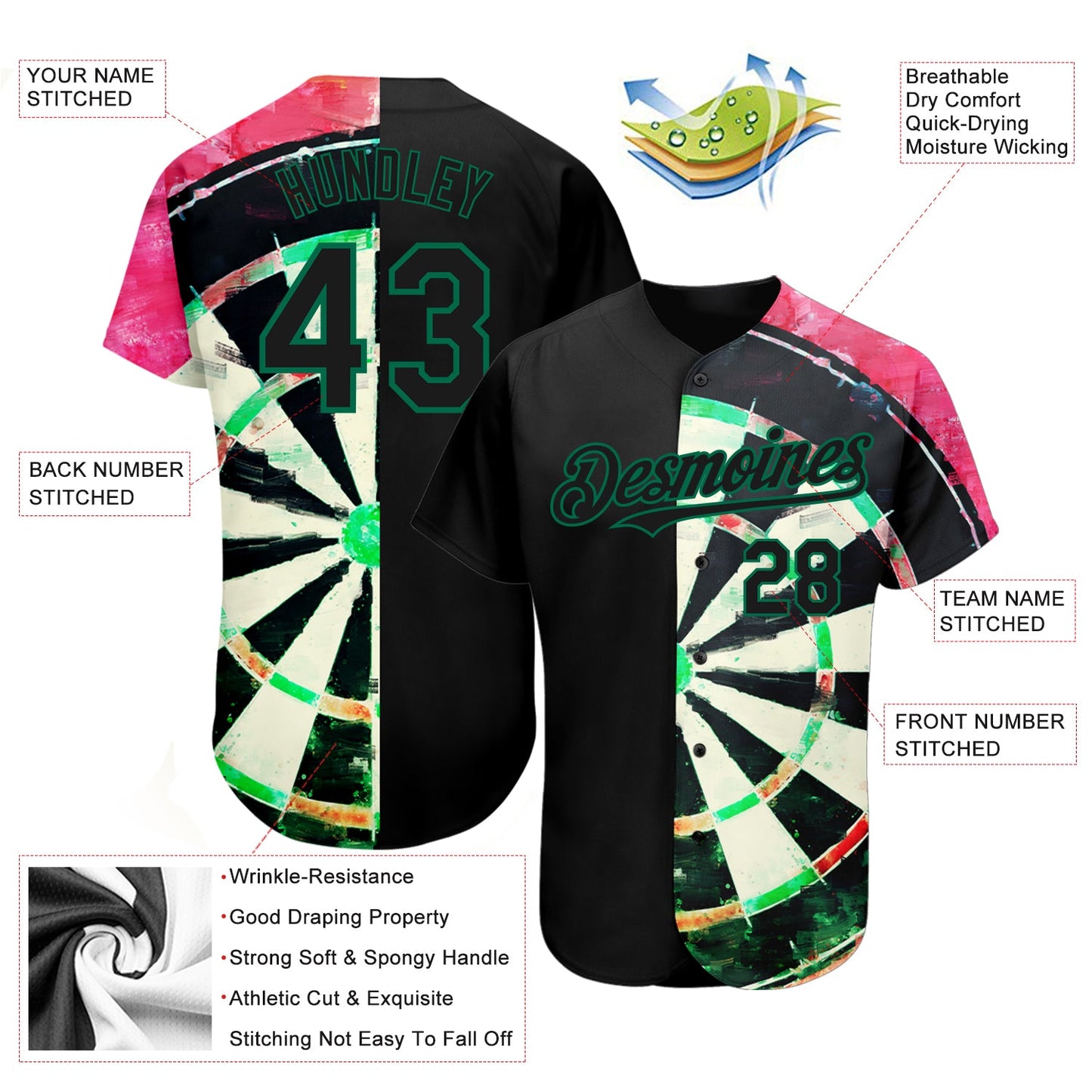 Custom Black Kelly Green-Red 3D Pattern Design Dart Board Authentic Baseball Jersey
