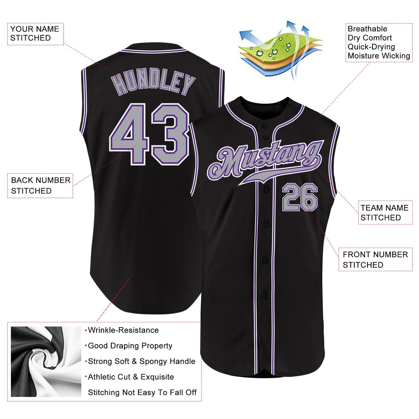 Custom Black Gray-Purple Authentic Sleeveless Baseball Jersey