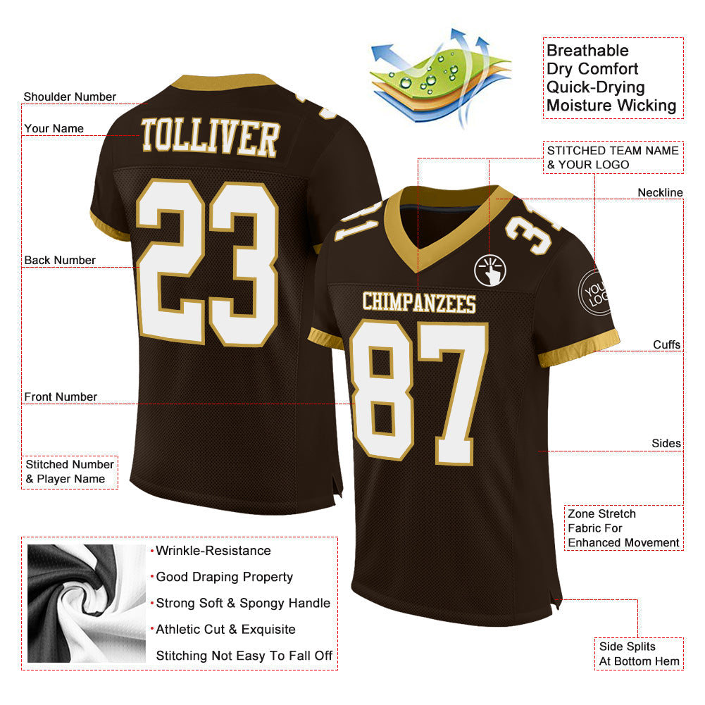 Custom Brown White-Old Gold Mesh Authentic Football Jersey
