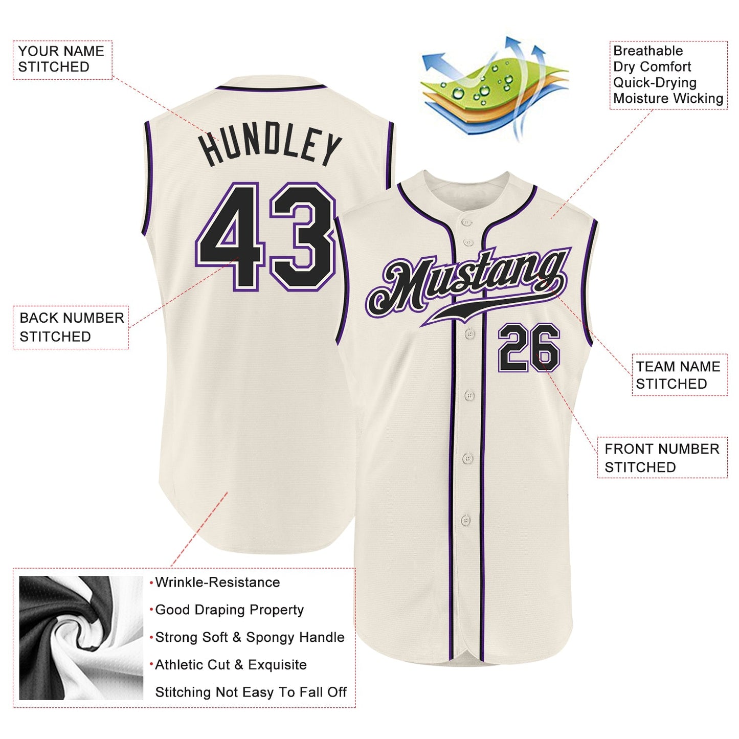 Custom Cream Black-Purple Authentic Sleeveless Baseball Jersey