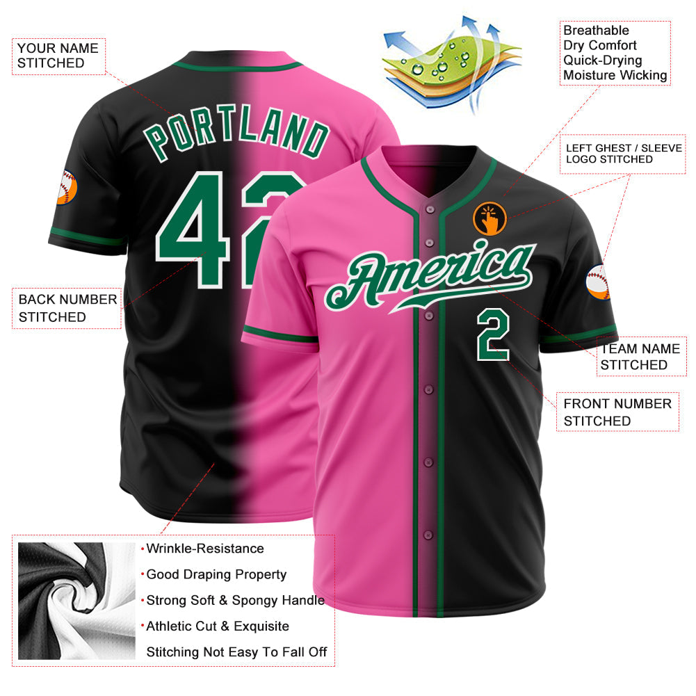 Custom Black Kelly Green Pink-White Authentic Gradient Fashion Baseball Jersey
