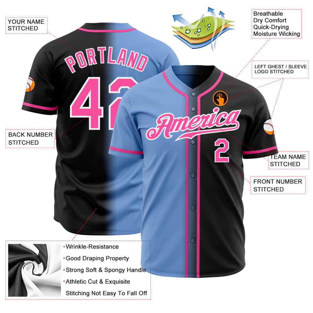 Custom Black Pink Light Blue-White Authentic Gradient Fashion Baseball Jersey