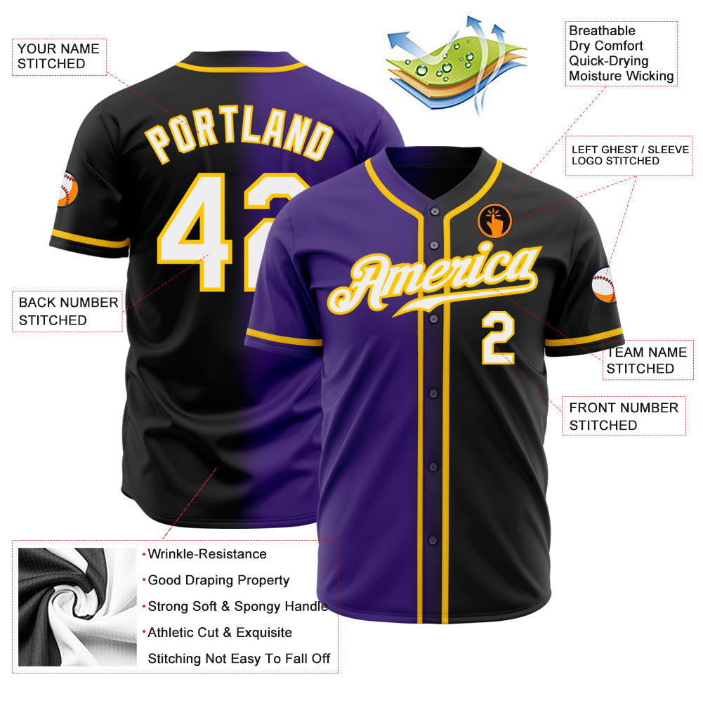 Custom Black White Purple-Gold Authentic Gradient Fashion Baseball Jersey