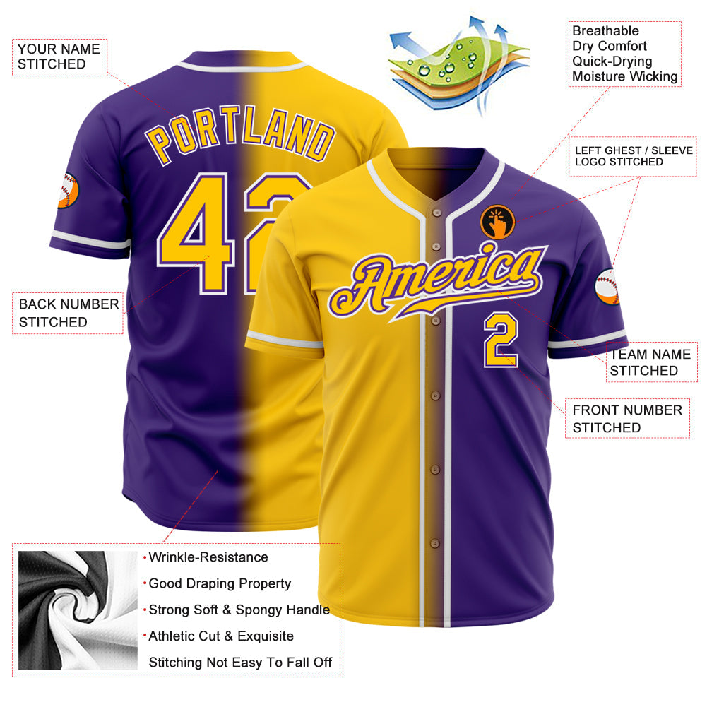 Custom Purple Yellow-White Authentic Gradient Fashion Baseball Jersey
