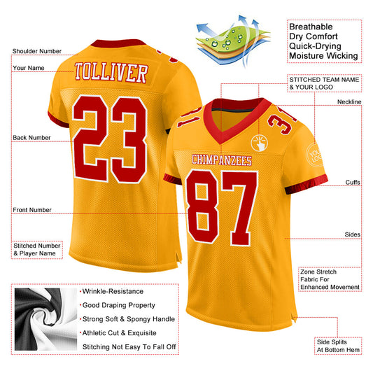 Custom Gold Red-White Mesh Authentic Football Jersey