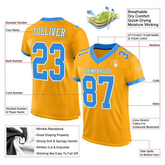 Custom Gold Electric Blue-White Mesh Authentic Football Jersey