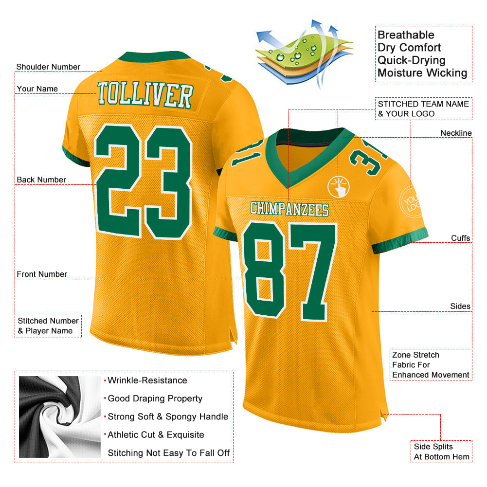 Custom Gold Kelly Green-White Mesh Authentic Football Jersey