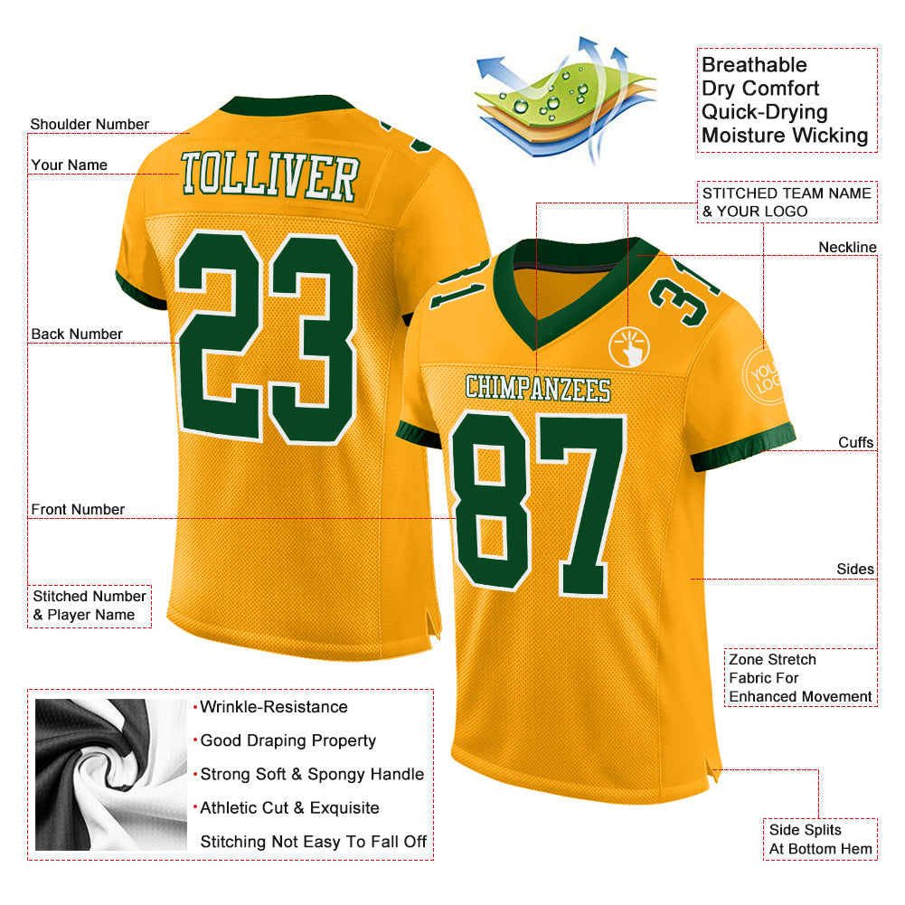 Custom Gold Green-White Mesh Authentic Football Jersey