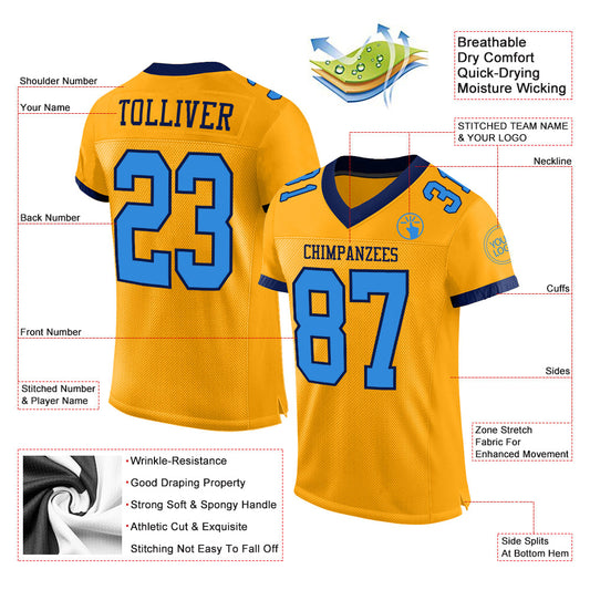 Custom Gold Electric Blue-Navy Mesh Authentic Football Jersey