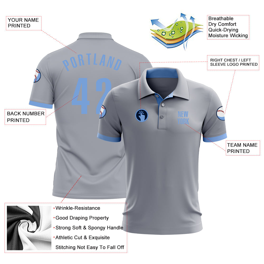 Custom Gray Light Blue Performance Golf Polo Shirt