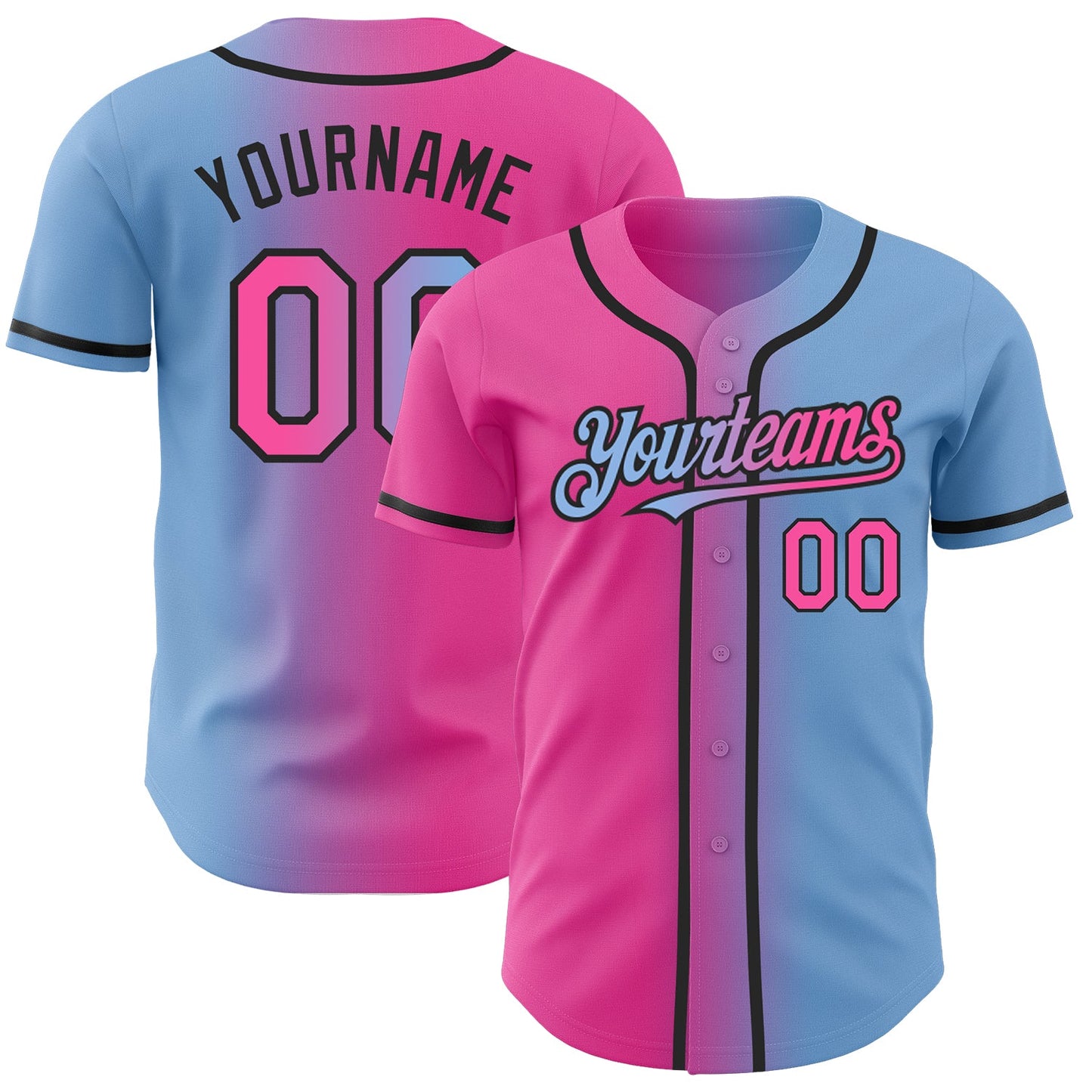 Custom Light Blue Pink-Black Authentic Gradient Fashion Baseball Jersey