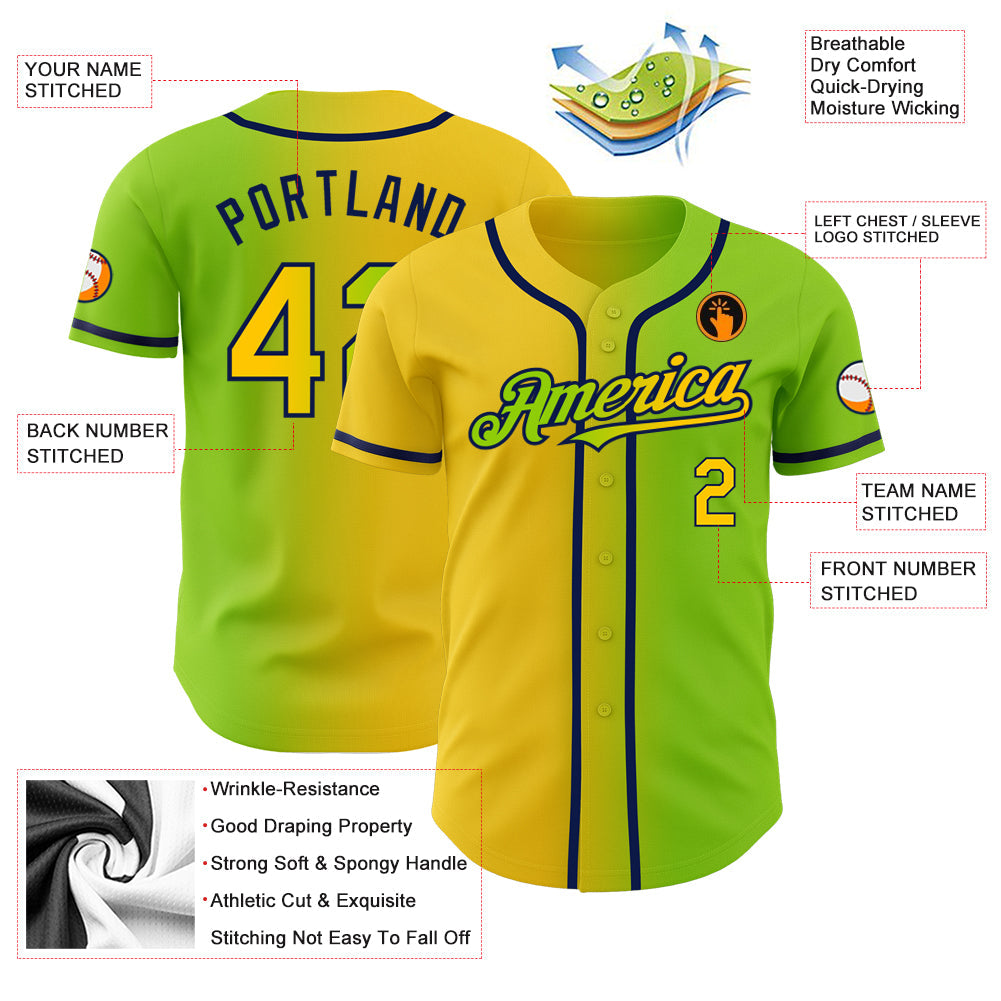 Custom Neon Green Yellow-Navy Authentic Gradient Fashion Baseball Jersey