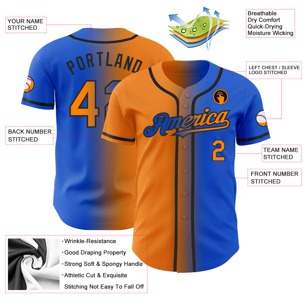 Custom Thunder Blue Blaze Orange-Black Authentic Gradient Fashion Baseball Jersey