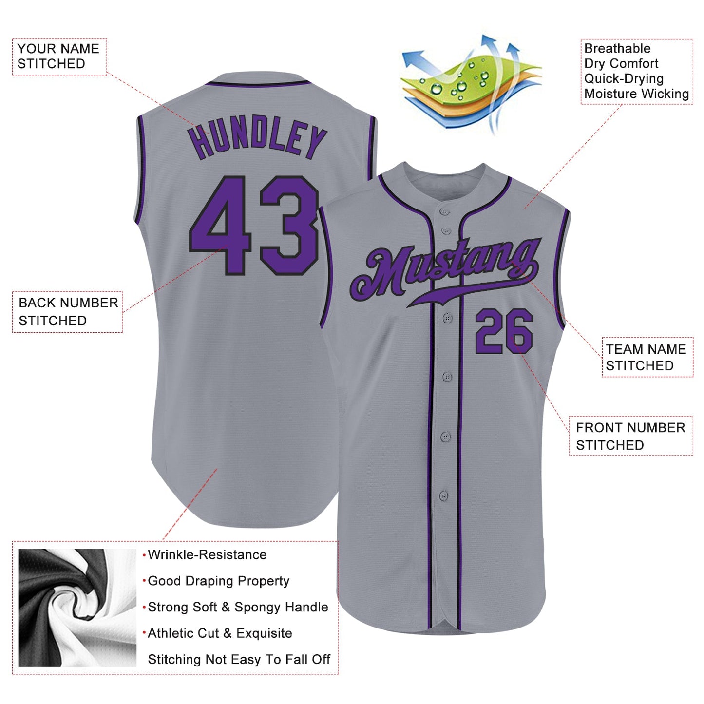 Custom Gray Purple-Black Authentic Sleeveless Baseball Jersey