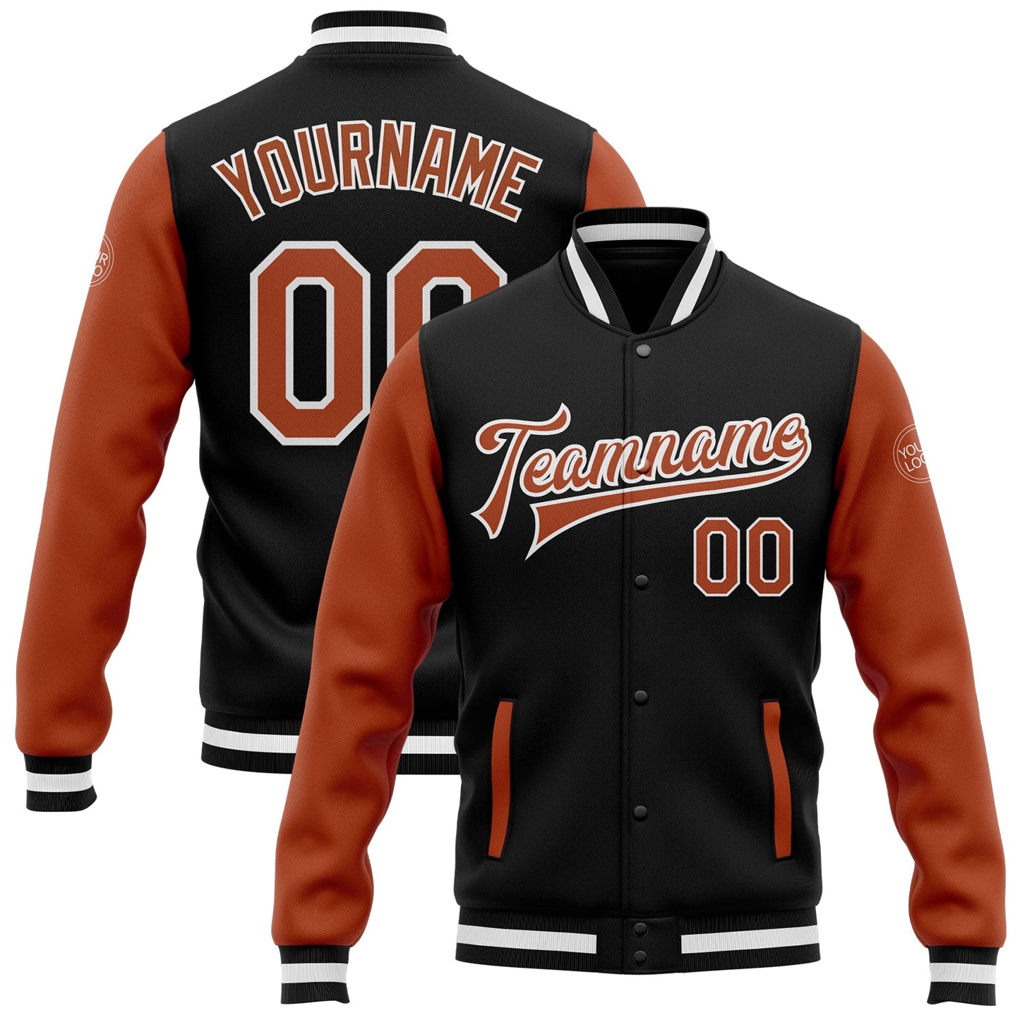 Custom Black Texas Orange-White Bomber Full-Snap Varsity Letterman Two Tone Jacket