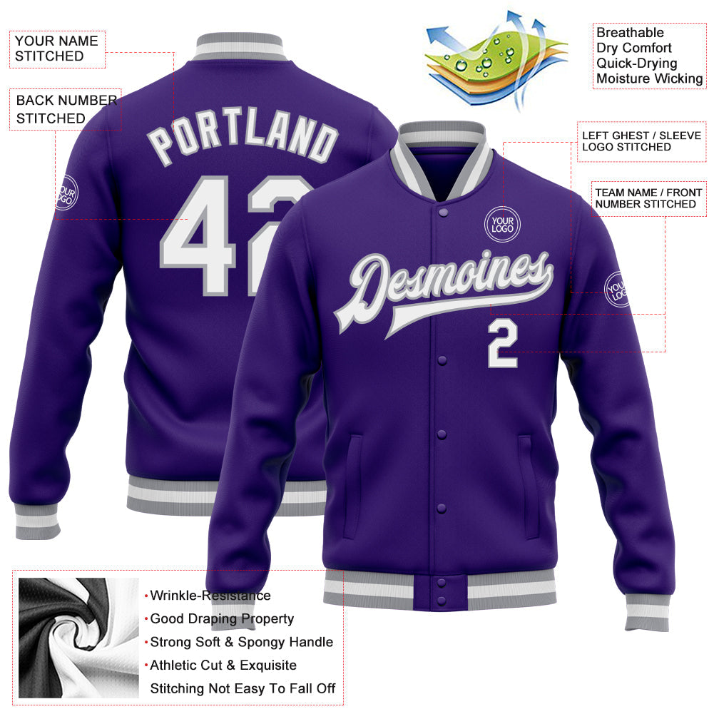 Custom Purple White-Gray Bomber Full-Snap Varsity Letterman Jacket