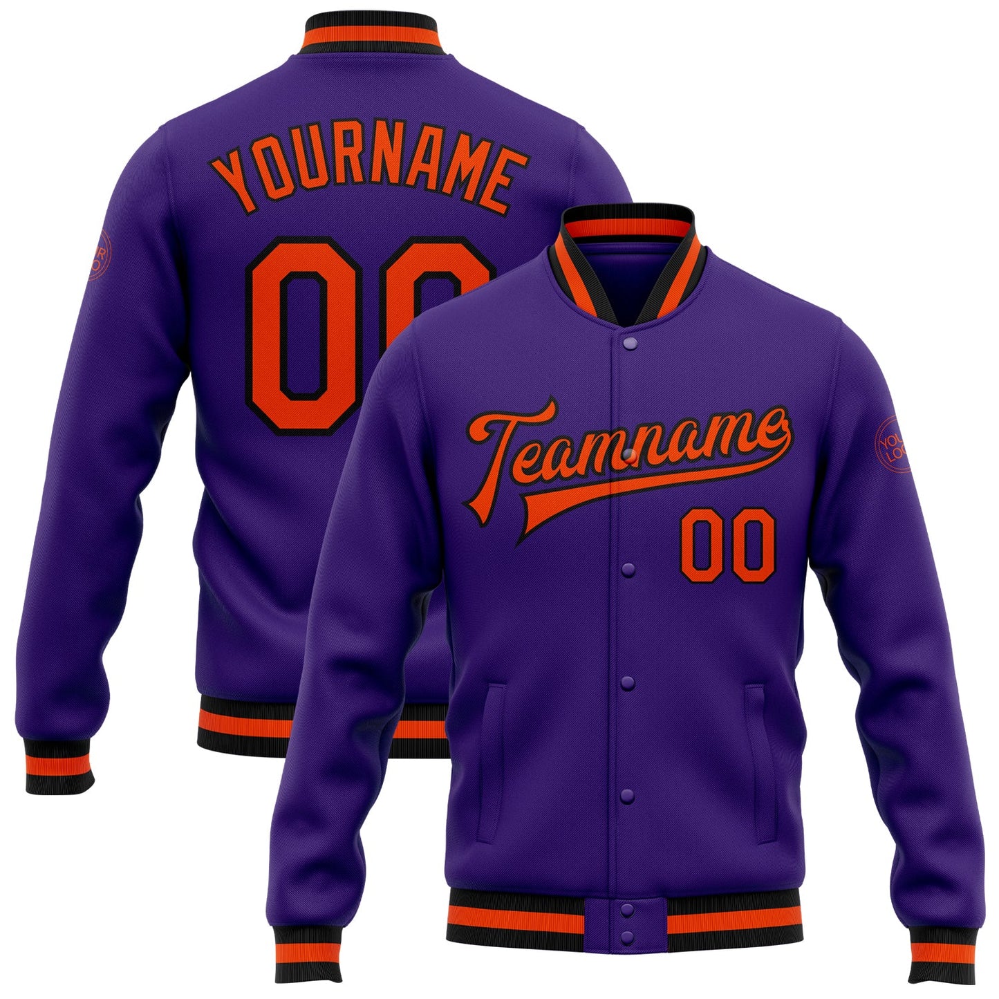 Custom Purple Orange-Black Bomber Full-Snap Varsity Letterman Jacket