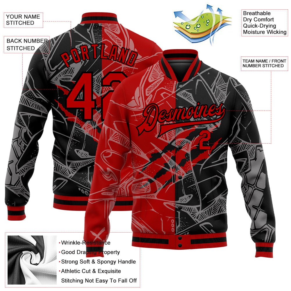 Custom Graffiti Pattern Red-Black Scratch 3D Bomber Full-Snap Varsity Letterman Jacket
