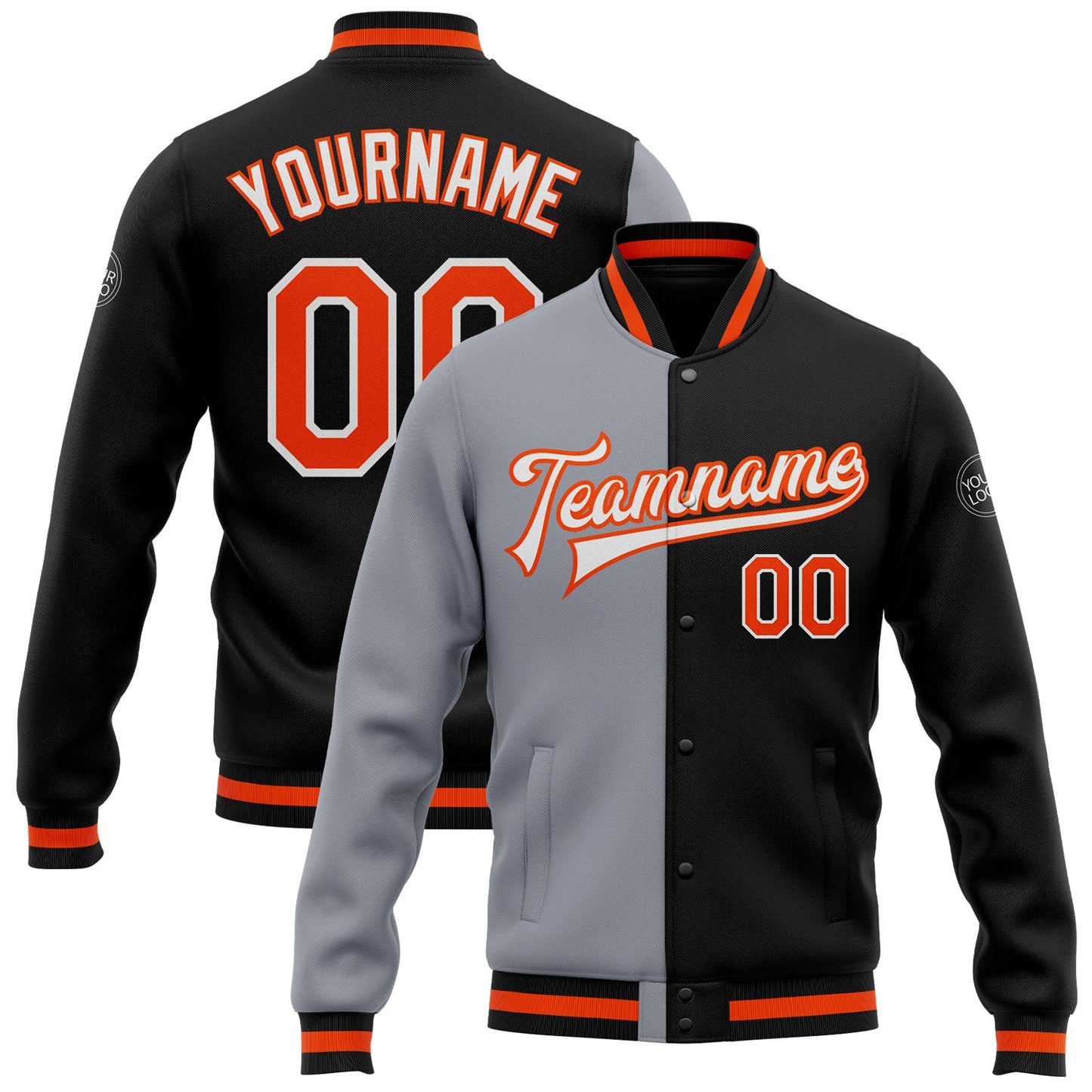 Custom Black Orange-Gray Bomber Full-Snap Varsity Letterman Split Fashion Jacket