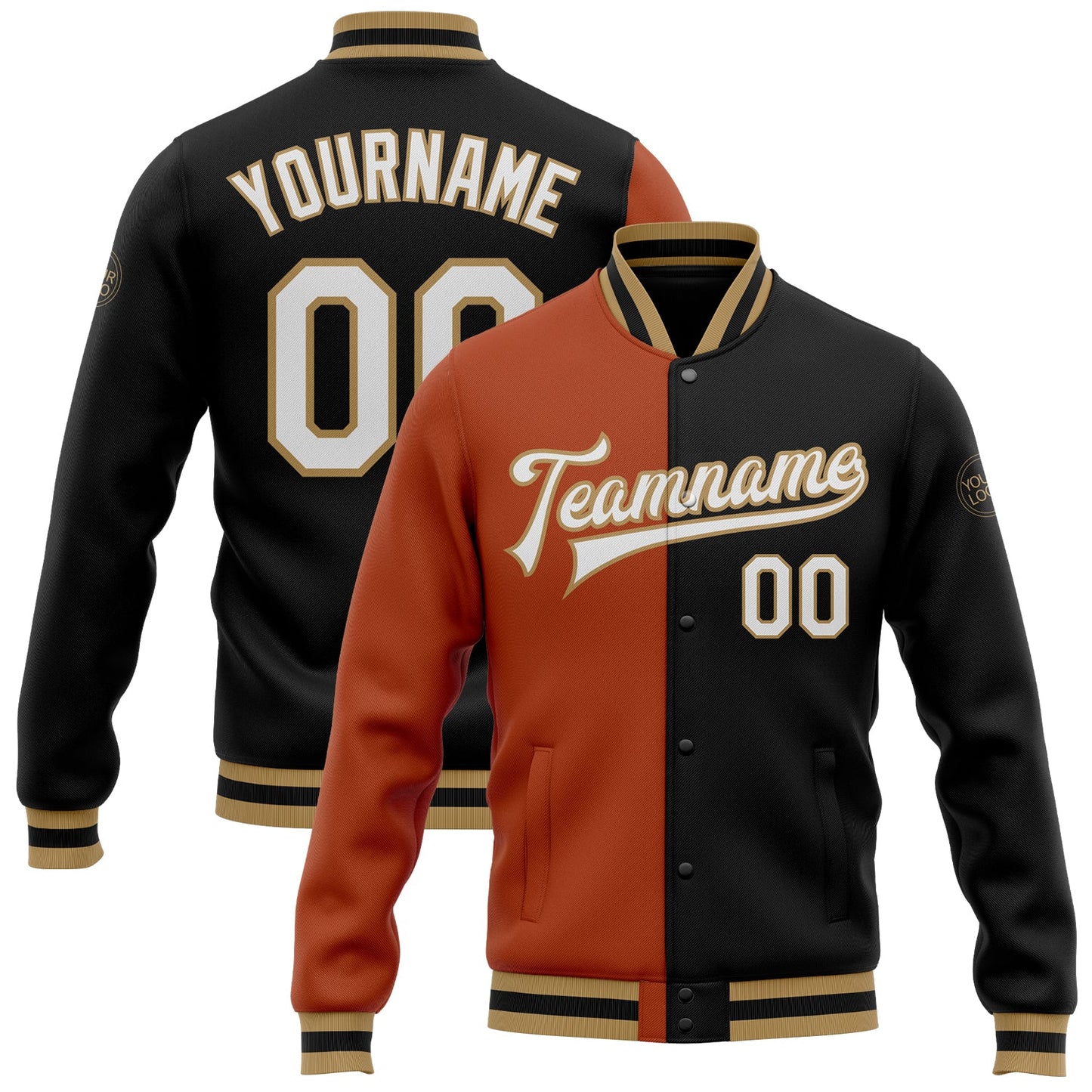 Custom Black White Texas Orange-Old Gold Bomber Full-Snap Varsity Letterman Split Fashion Jacket