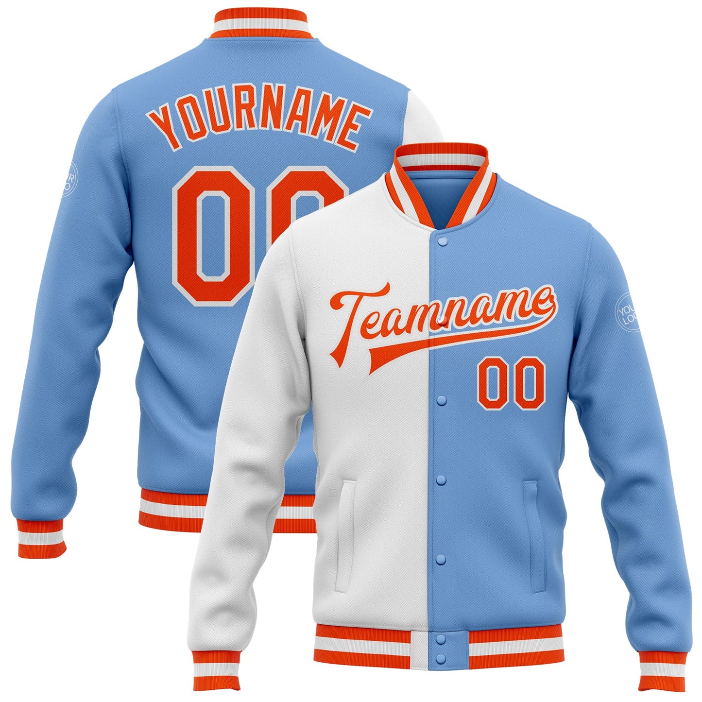 Custom Light Blue Orange-White Bomber Full-Snap Varsity Letterman Split Fashion Jacket
