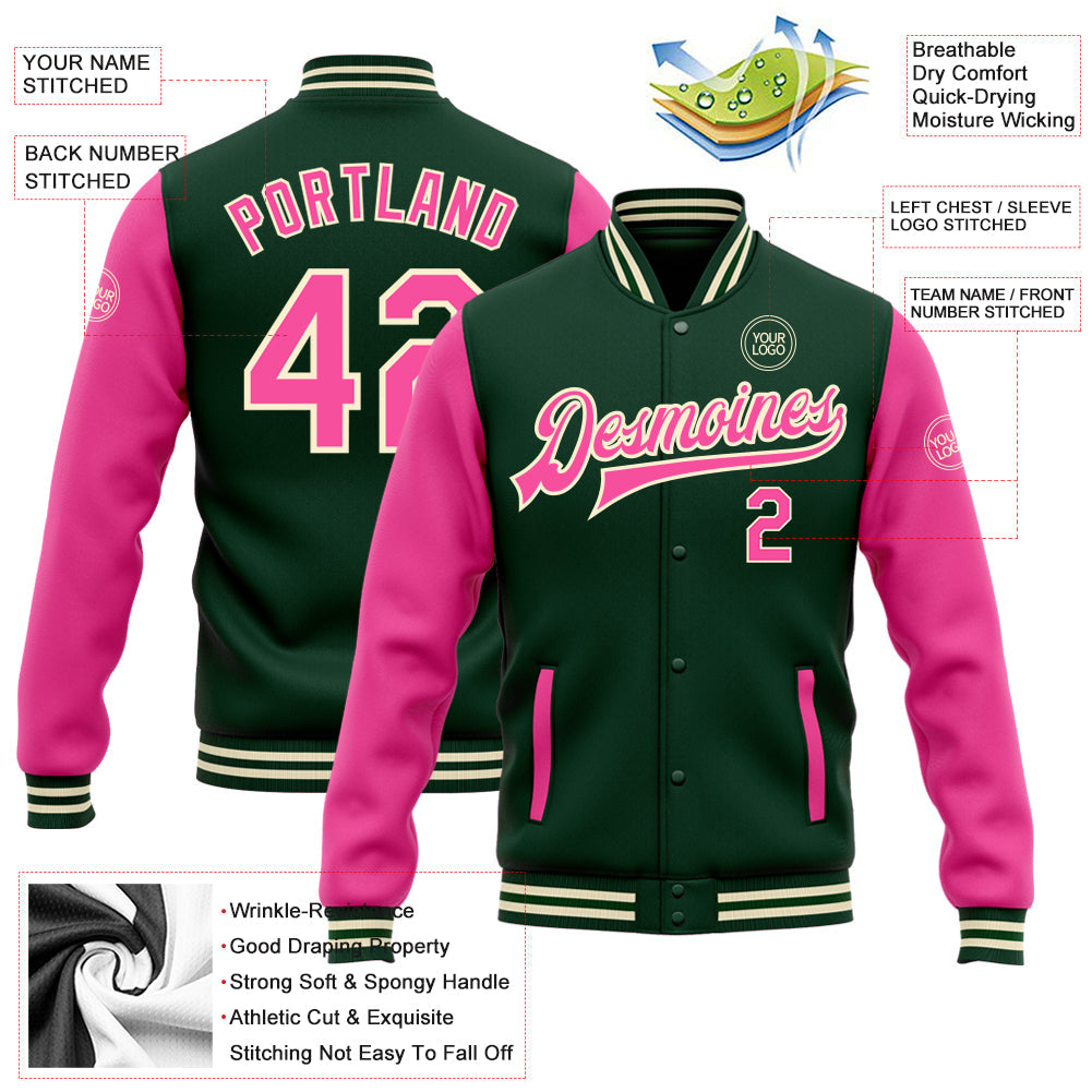Custom Green Pink-Cream Bomber Full-Snap Varsity Letterman Two Tone Jacket
