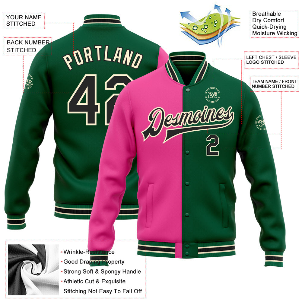 Custom Kelly Green Black Pink-Cream Bomber Full-Snap Varsity Letterman Split Fashion Jacket