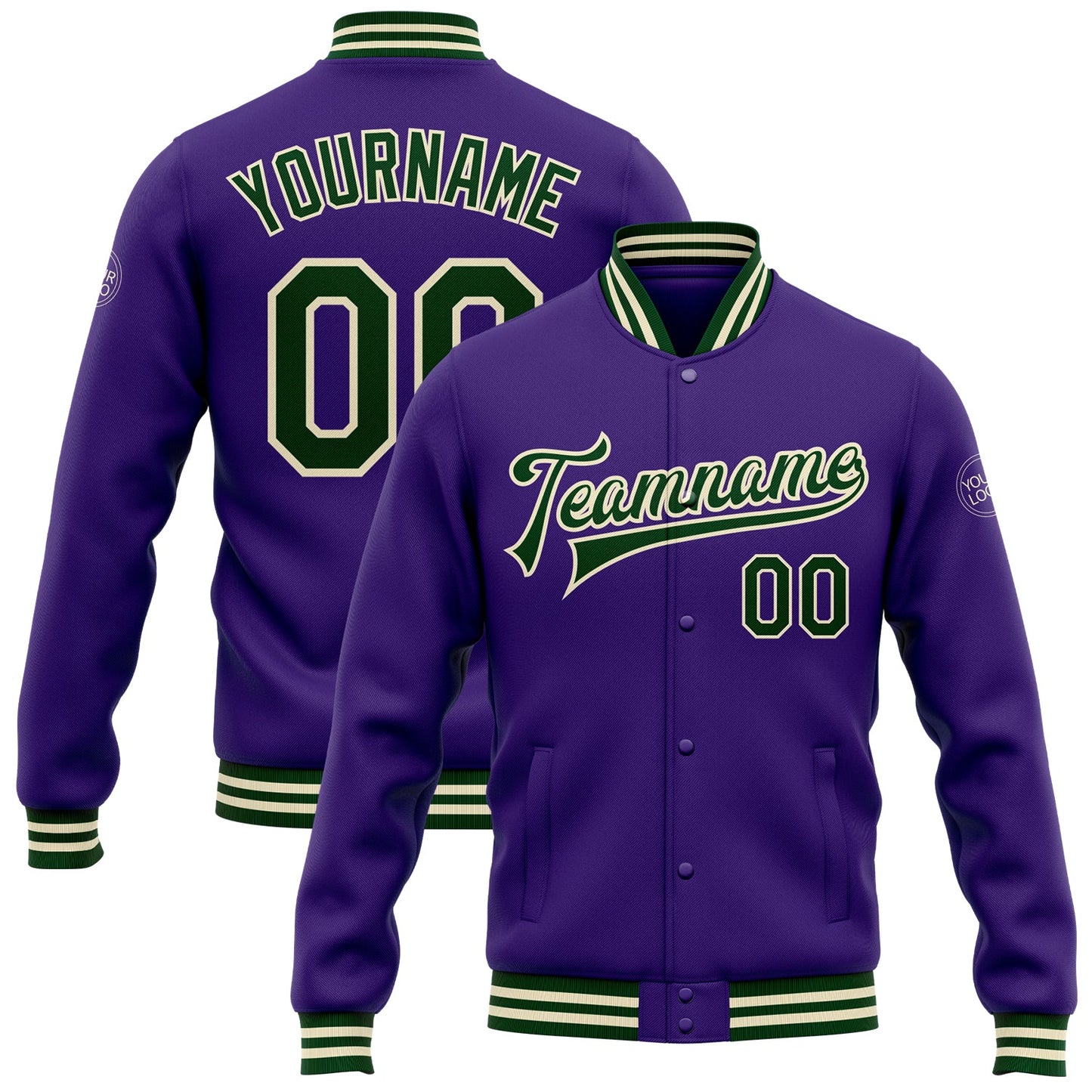 Custom Purple Green-Cream Bomber Full-Snap Varsity Letterman Jacket