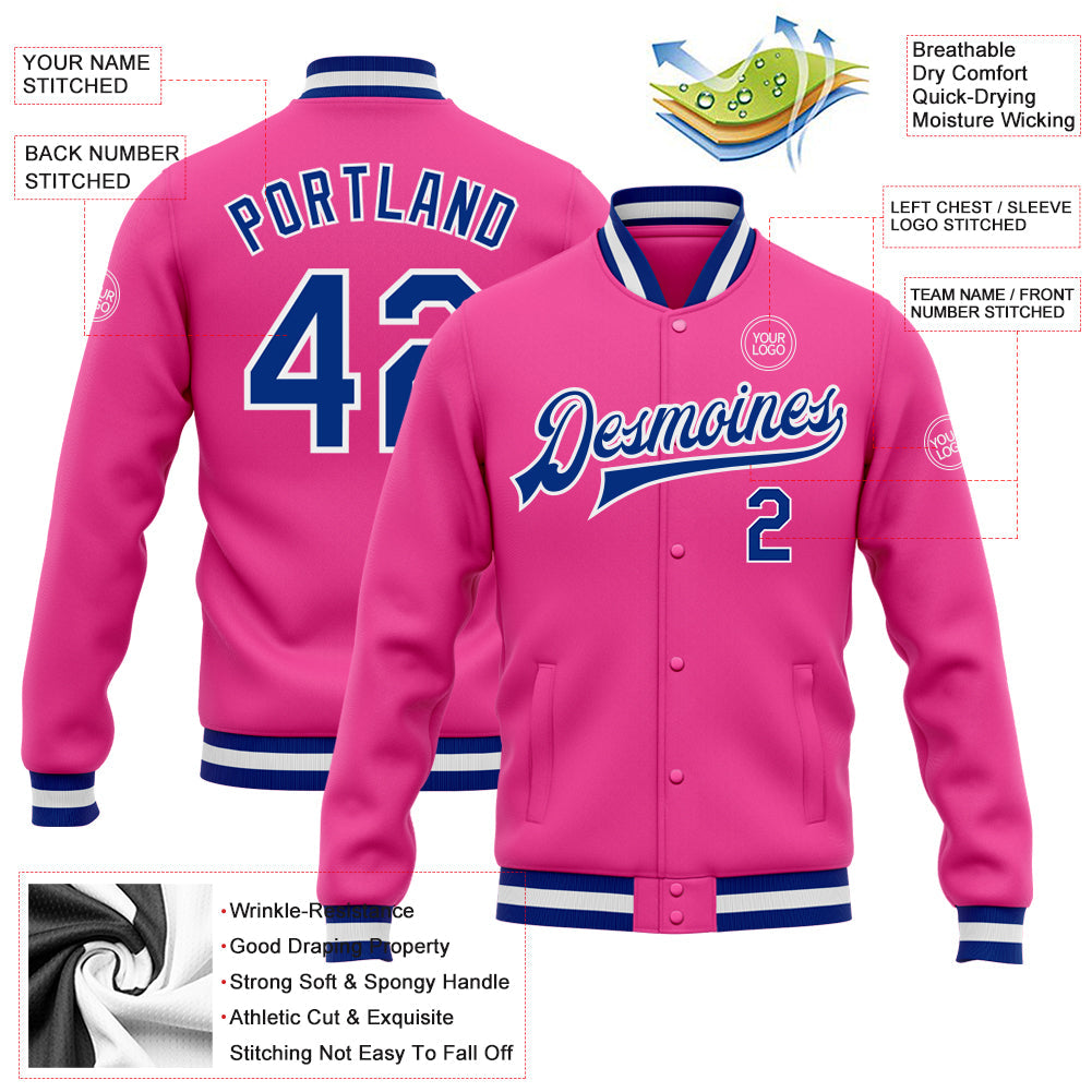 Custom Pink Royal-White Bomber Full-Snap Varsity Letterman Jacket