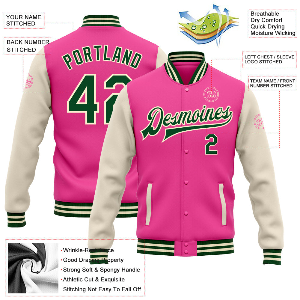 Custom Pink Green-Cream Bomber Full-Snap Varsity Letterman Two Tone Jacket