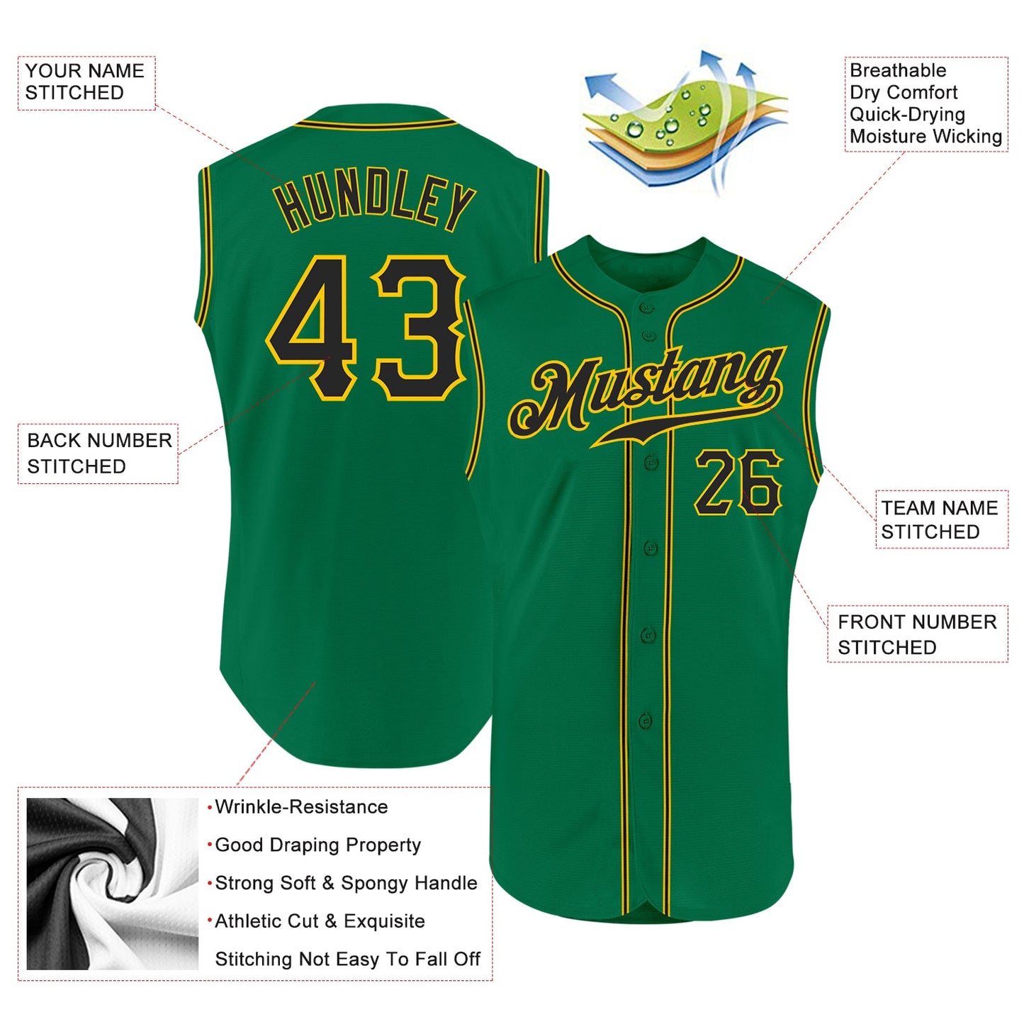 Custom Kelly Green Black-Gold Authentic Sleeveless Baseball Jersey