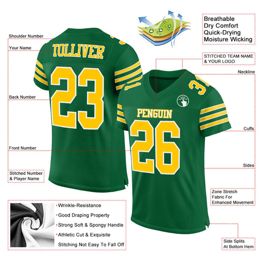 Custom Kelly Green Gold-White Mesh Authentic Football Jersey